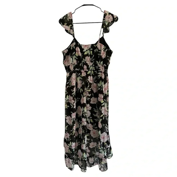 NWOT No Boundaries Juniors Hi Low Black Pink Floral Sheer Ruffle Dress Size L - Picture 9 of 15